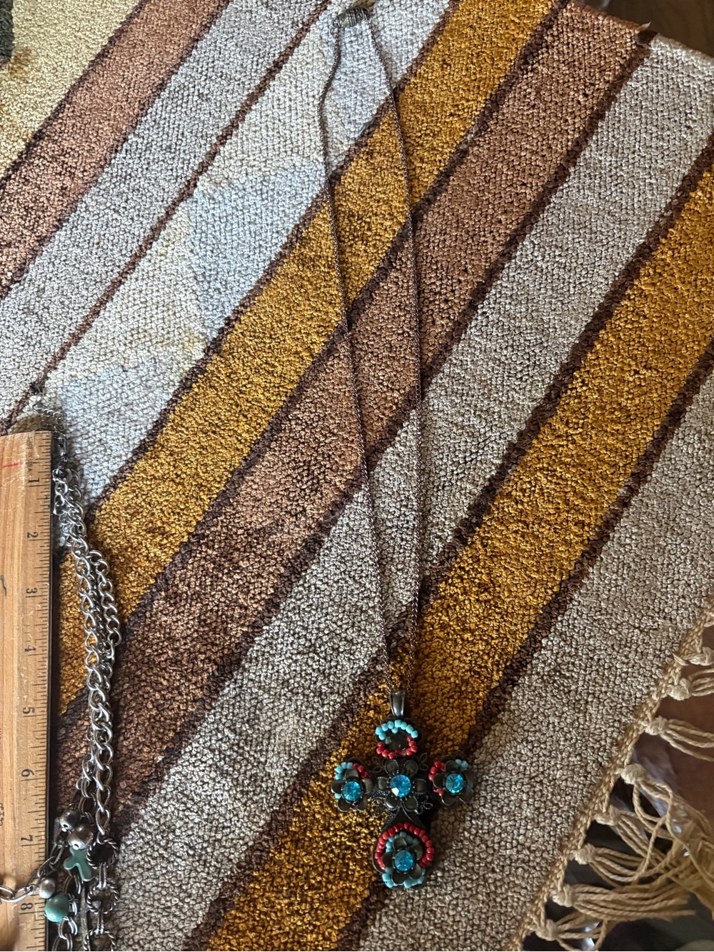 Turquoise and Red Floral Cross Pendant Necklace